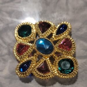Elegant Gold and Multicolor Gemstone Brooch. Unsigned designer Runway Brooch.